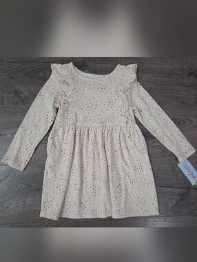 Girls Cat & Jack Cream Dress with Gold Star Print and Ruffles Size 3t NWT